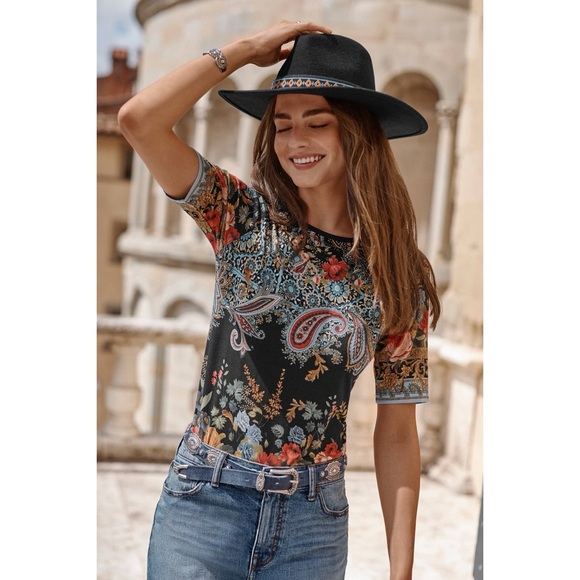 Johnny Was The Janie Favorite Boat Neck Tee Tshirt Shirt Crew Stretchy Southwest - Picture 4 of 5